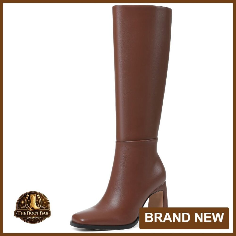 Knee High Wide Calf Boots Square Toe Chunky Heel Leather Tall Boots